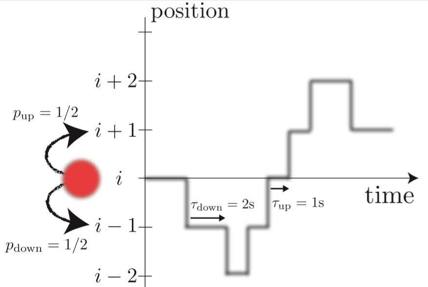 חלקיק נע בקו חד מימדי, עם הסתברות שווה לקפוץ למעלה או למטה. בממוצע, אין זרם במערכת, אך מתוך פרקי הזמן בהם החלקיק מבלה במצבים השונים, לפני קפיצה למעלה לעומת לפני קפיצה למטה, ניתן להסיק שבירת סימטריה להיפוך בזמן